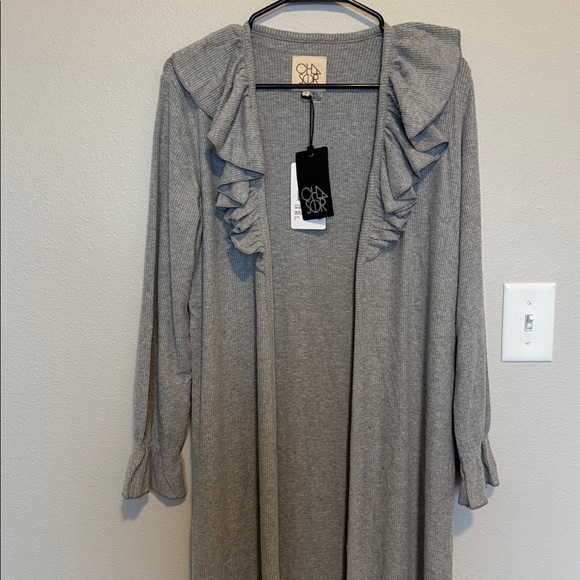 Chaser Ruffle Trim Belted Cardigan Ribbed Knit Longline Open Front NWT SZ SM - Picture 2 of 5